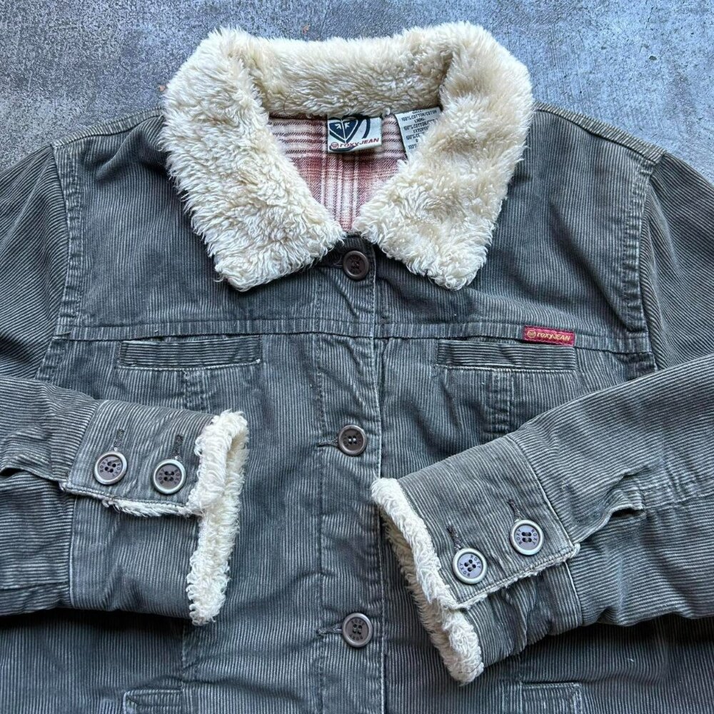 Roxy Jean Retro Y2K Sherpa Collar Tan Corduroy Jacket Size XL